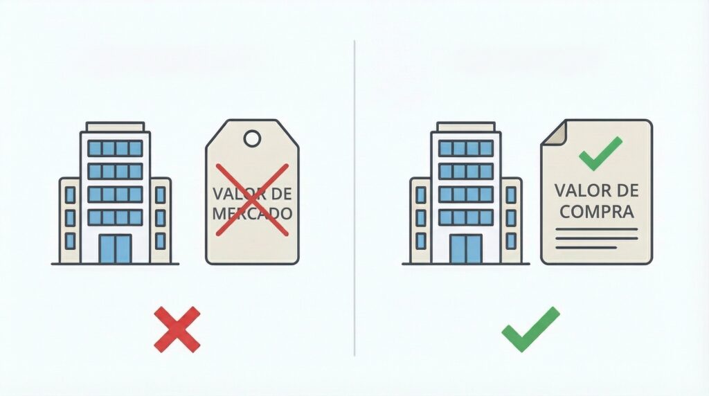 Ilustração gráfica dividida ao meio, ensinando a forma correta de declarar um imóvel. Do lado esquerdo, há o desenho de um prédio ao lado de uma etiqueta com o texto "VALOR DE MERCADO" riscada com um 'X' vermelho, indicando que é a forma incorreta. Do lado direito, o mesmo prédio aparece ao lado de um documento com o texto "VALOR DE COMPRA" e um sinal de 'check' (certo) verde, indicando que esta é a forma correta.