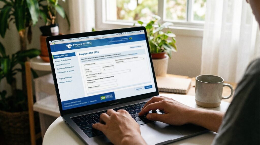 Pessoa sentada de costas digitando em um notebook. A tela do computador exibe o programa da Receita Federal para a declaração do Imposto de Renda (IRPF 2024). Sobre a mesa branca, ao lado do computador, há uma caneca. Ao fundo, nota-se um ambiente bem iluminado com plantas próximas a uma janela.