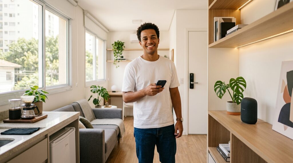 Um homem negro jovem e sorridente, vestido com camiseta branca e jeans, está em pé em um apartamento estúdio moderno e bem iluminado. Ele segura um smartphone e olha para a câmera. O fundo mostra uma cozinha compacta com cafeteira, um sofá cinza e prateleiras de madeira com iluminação embutida, onde há um alto-falante inteligente cilíndrico e uma planta Monstera em um vaso de terracota.