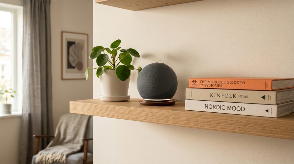 Close-up de um alto-falante inteligente esférico cinza escuro, ativado com uma luz branca na base. Ele está apoiado em um suporte de madeira sobre uma prateleira de madeira flutuante, ao lado de uma planta Pilea em um vaso de terracota e uma pilha de três livros intitulados "NORDIC MOOD", "KINFOLK HOME" e "THE MONOCLE GUIDE TO COSY HOMES". O fundo mostra um ambiente de estar aconchegante com uma janela.