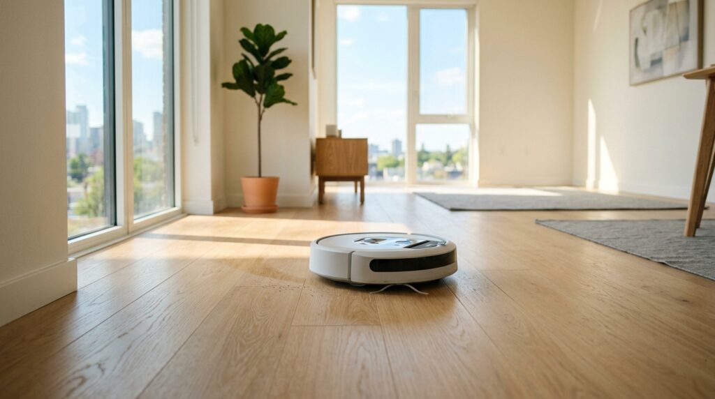 Um robô aspirador de pó branco redondo está no chão de madeira clara de uma sala de estar moderna e bem iluminada. Há um pouco de poeira no chão que ele está limpando. Uma grande janela de vidro do chão ao teto mostra uma vista da cidade. Uma planta alta Fiddle Leaf Fig está em um vaso ao lado de um móvel de TV de madeira.