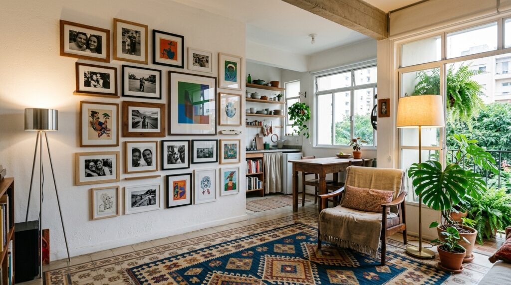 Uma vista ampla de uma sala de estar colorida e vibrante. Uma grande parede branca está coberta por uma galeria de muitos porta-retratos com fotos e arte de vários tamanhos e estilos. No centro, um tapete marroquino geométrico cobre o piso de azulejo. Uma poltrona de madeira com manta bege está à direita, ao lado de uma luminária de chão clássica e uma grande porta de vidro para a varanda. Ao fundo, uma cozinha em plano aberto com estantes abertas.