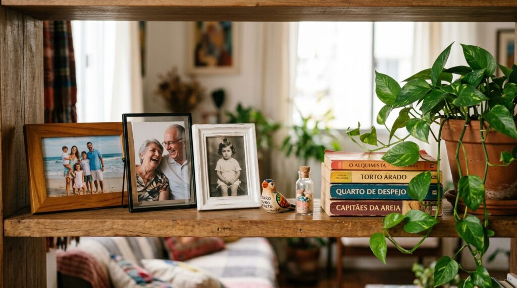 Uma foto em close de uma prateleira de madeira rústica, exibindo três porta-retratos: um de madeira com foto de família na praia, um de metal preto com foto de um casal idoso sorrindo, e um branco com foto em preto e branco de uma criança. Ao lado, há um pequeno pássaro de cerâmica, um frasco de areia colorida e uma pilha de quatro livros em português: "O ALQUIMISTA", "TORTO ARADO", "QUARTO DE DESPEJO" e "CAPITÃES DA AREIA". Uma planta Jiboia pendente está à direita.