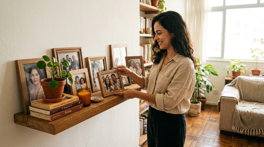 A mulher sorri enquanto ajusta um porta-retratos de madeira em uma prateleira flutuante de madeira. Na prateleira, há outros porta-retratos com fotos de família, incluindo uma foto em preto e branco, uma planta em vaso e uma vela âmbar. Ela está em pé em uma sala de estar clara, com um sofá bege e muitas plantas em vasos perto de uma grande janela ao fundo.