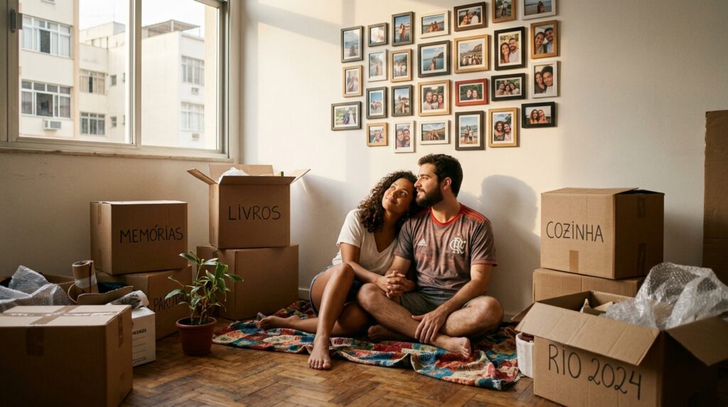 Um casal jovem, sentado no chão de tacos de madeira em um apartamento bem iluminado, está rodeado por caixas de papelão de mudança rotuladas com "MEMÓRIAS", "LIVROS", "COZINHA" e "RIO 2024". Eles olham para cima e para a esquerda, sorrindo de forma sonhadora, de mãos dadas, enquanto estão sentados em um tapete colorido. Atrás deles, na parede, há uma galeria com muitos porta-retratos de fotos de família. Uma grande janela à esquerda mostra a vista da cidade.