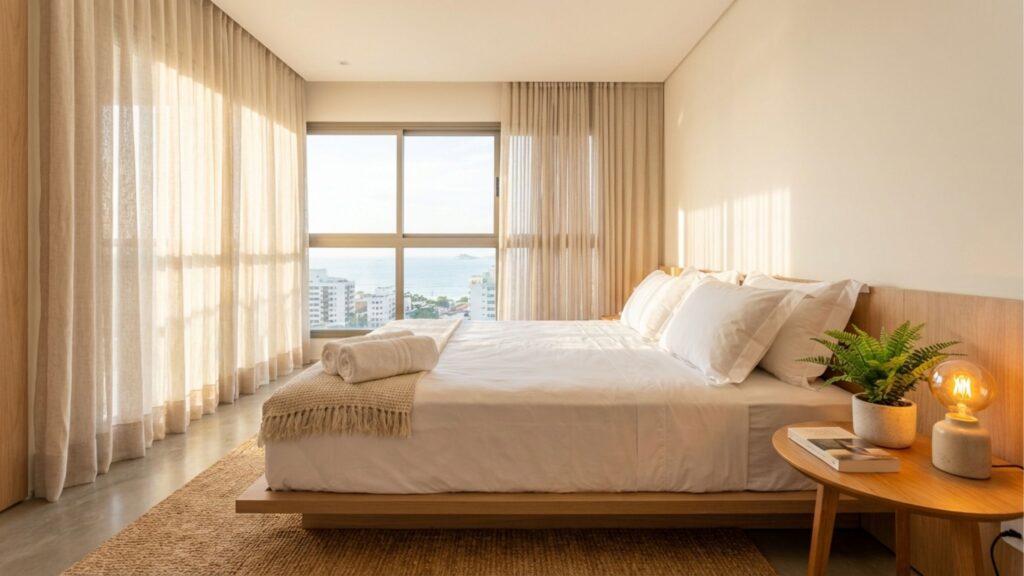 Quarto claro e minimalista com uma grande cama de madeira. A cama está arrumada com lençóis e travesseiros brancos, além de duas toalhas enroladas sobre uma manta bege na beirada. O piso tem um tapete de fibra natural. À direita, uma pequena mesa de cabeceira redonda de madeira exibe um vaso com uma planta, um livro e uma luminária de vidro acesa com luz amarela. Ao fundo, uma ampla janela com cortinas claras translúcidas mostra a vista de prédios da cidade e o mar.
