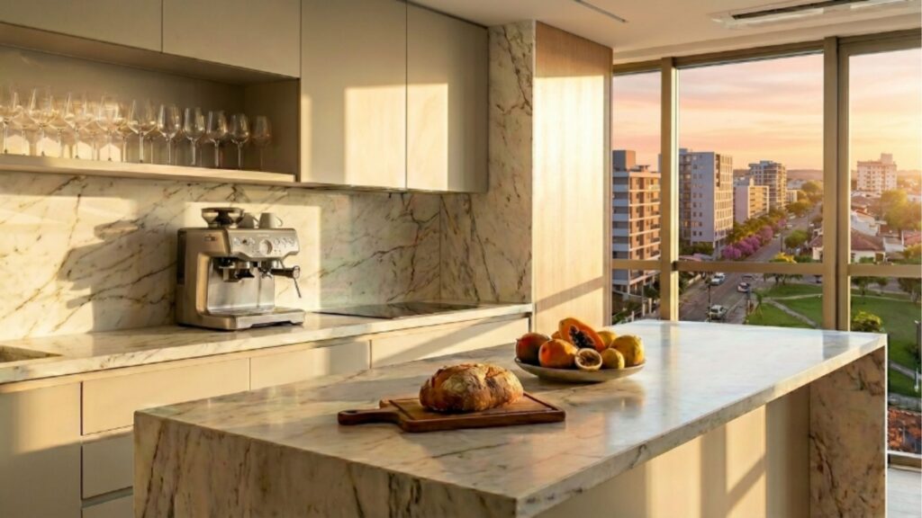 Uma cozinha moderna e elegante banhada pela luz dourada do sol. No centro, há uma grande ilha de mármore com um pão rústico sobre uma tábua de madeira e uma tigela com frutas, incluindo mamão. Ao fundo, uma bancada abriga uma máquina de café expresso prateada, com taças de vidro em uma prateleira logo acima. Uma grande janela de vidro do chão ao teto oferece uma vista panorâmica de uma cidade arborizada durante o pôr do sol.