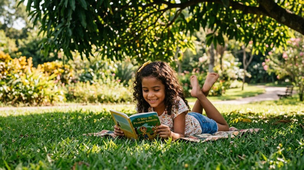 Uma menina de cabelos cacheados está deitada de bruços na grama verde de um parque ensolarado. Ela sorri enquanto lê um livro intitulado "O Sítio do Picapau Amarelo". Ao fundo, a vegetação é exuberante com árvores frondosas e flores, criando um ambiente tranquilo de lazer.