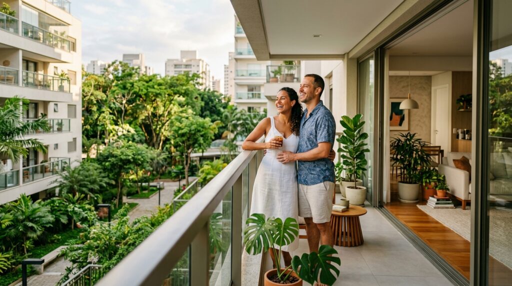 Um casal jovem e sorridente está abraçado na varanda de um apartamento moderno. A mulher segura um copo com uma bebida. Da varanda, eles observam a vista de um condomínio arborizado com muitos prédios ao fundo e uma densa área de preservação ambiental entre as construções.