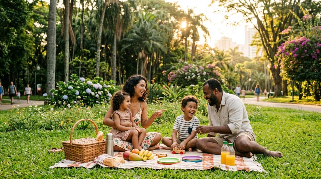Uma família (pai, mãe e dois filhos pequenos) faz um piquenique alegre em um parque gramado. Eles estão sentados sobre uma toalha com frutas, pães e sucos. O pai e o filho riem enquanto brincam com um carrinho de madeira. Ao fundo, há palmeiras altas, flores e outras pessoas caminhando sob a luz suave do entardecer.