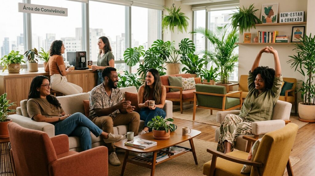 Uma foto de ângulo médio capturando uma vibrante área de convivência interna em um prédio de escritórios moderno e sustentável. O espaço é preenchido com uma abundância de plantas verdes, incluindo grandes samambaias penduradas no teto e vasos de chão com Costelas-de-Adão e palmeiras, criando uma atmosfera biofílica. Ao fundo, grandes janelas de vidro do chão ao teto revelam uma vista panorâmica de uma paisagem urbana densa sob um céu claro. À esquerda, em uma bancada de madeira, duas mulheres conversam ao lado de uma máquina de café. No centro, um grupo de três pessoas (duas mulheres e um homem) está sentado em um sofá bege ao redor de uma mesa de centro de madeira, rindo e conversando. Uma mulher negra, sentada em uma poltrona cinza à direita, sorri enquanto estica os braços acima da cabeça em um alongamento relaxado. À direita, uma prateleira de madeira exibe livros e uma placa de neon com o texto "BEM-ESTAR & CONEXÃO". A placa suspensa no teto à esquerda diz "Área de Convivência". O mobiliário é variado, incluindo poltronas em tons de terracota, mostarda e verde, dispostas sobre um tapete de fibra natural.