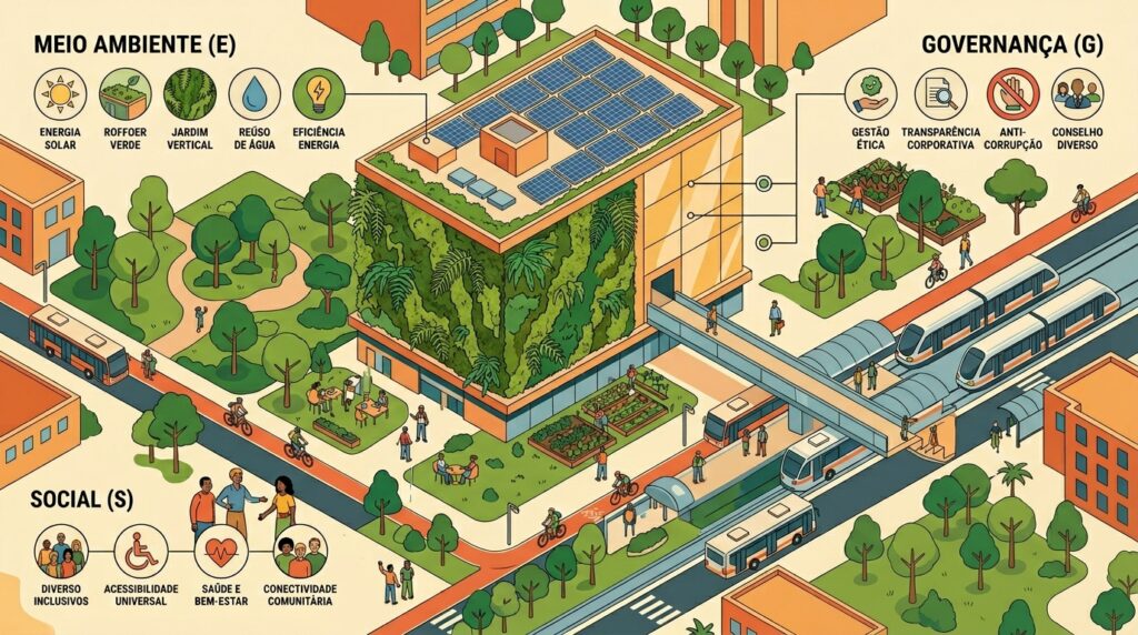 Uma ilustração isométrica colorida e detalhada de uma cidade sustentável com foco nos princípios ESG (Environmental, Social, and Governance). O centro da imagem é ocupado por um edifício moderno com telhado coberto por painéis solares e uma fachada coberta por jardins verticais. Ao redor do edifício, há parques com muitas árvores, pessoas caminhando e andando de bicicleta em ciclovias. Um sistema de trem leve de superfície (VLT) passa sobre uma ponte, e ônibus elétricos circulam nas ruas. Canteiros de hortas comunitárias estão dispostos em áreas abertas. Três seções principais são rotuladas com ícones e texto em português: "MEIO AMBIENTE (E)" com ícones para Energia Solar, Telhado Verde, Jardim Vertical, Reuso de Água e Eficiência Energética; "SOCIAL (S)" com ícones para Diversidade Inclusiva, Acessibilidade Universal, Saúde e Bem-Estar e Conectividade Comunitária; e "GOVERNANÇA (G)" com ícones para Gestão Ética, Transparência Corporativa, Anti-Corrupção e Conselho Diverso. A ilustração usa uma paleta de cores terrosas e verdes, com linhas limpas, transmitindo uma visão de futuro urbano equilibrado e responsável.