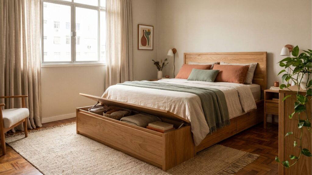 Um quarto sereno com decoração em tons terrosos e madeira. O destaque é uma cama de casal funcional de madeira clara, cuja base frontal está aberta, revelando um amplo compartimento interno de armazenamento com cestos e mantas organizadas. Sobre a cama, há lençóis claros, uma manta verde-oliva e travesseiros em tons de terracota. Uma grande janela com cortinas leves ilumina o ambiente.