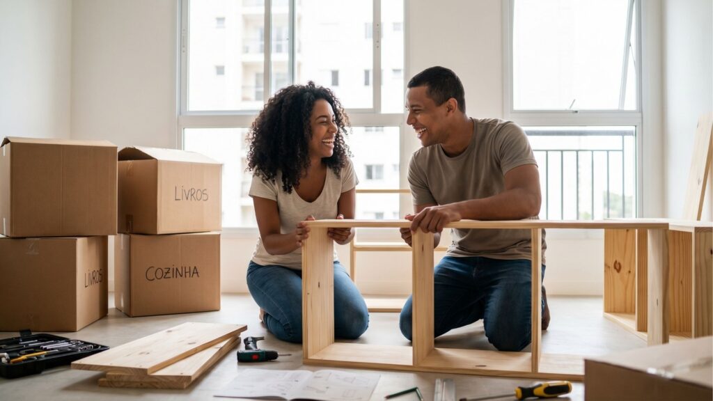 Um casal jovem, um homem e uma mulher negros, sorriem e conversam enquanto montam um móvel de madeira clara no chão de um apartamento iluminado. Ao redor deles, há caixas de papelão empilhadas com as palavras "Livros" e "Cozinha" escritas à mão. No canto inferior esquerdo, uma maleta de ferramentas e uma parafusadeira elétrica indicam o processo de mudança e montagem.