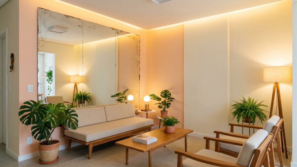 Uma sala de estar com iluminação quente e aconchegante. No centro, um sofá de madeira clara com estofado bege está posicionado em frente a uma mesa de centro de madeira. À esquerda, uma planta Costela-de-Adão em um vaso de barro. Atrás do sofá, a parede é composta por grandes espelhos que ampliam o espaço, refletindo luminárias e mais plantas. À direita, duas poltronas de madeira e uma luminária de chão com tripé completam o ambiente de estilo escandinavo ou minimalista.