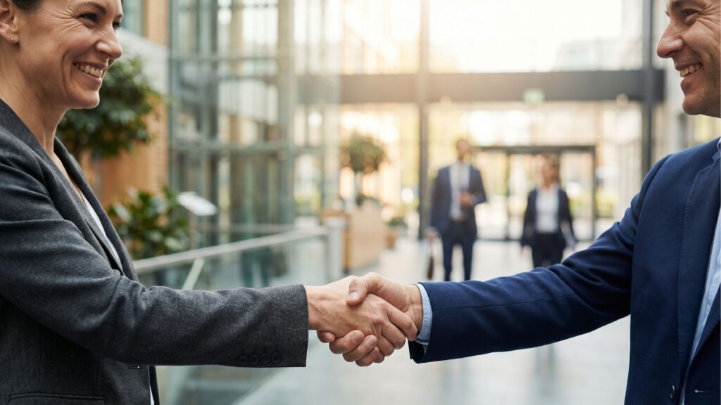 Um close-up de um aperto de mão firme entre dois profissionais em um ambiente de escritório corporativo moderno e bem iluminado. À esquerda, uma mulher de perfil, vestindo um blazer cinza texturizado, sorri calorosamente enquanto estende a mão. À direita, um homem, também de perfil, vestindo um terno azul-marinho e camisa social branca, retribui o aperto de mão com um sorriso. O foco está nos rostos sorridentes e no aperto de mão central. O fundo é levemente desfocado (efeito bokeh), revelando um átrio de escritório espaçoso com piso brilhante, grandes janelas de vidro que deixam entrar luz natural, plantas de interior e duas outras figuras profissionais borradas caminhando ao fundo, o que sugere um ambiente de trabalho ativo e profissional.