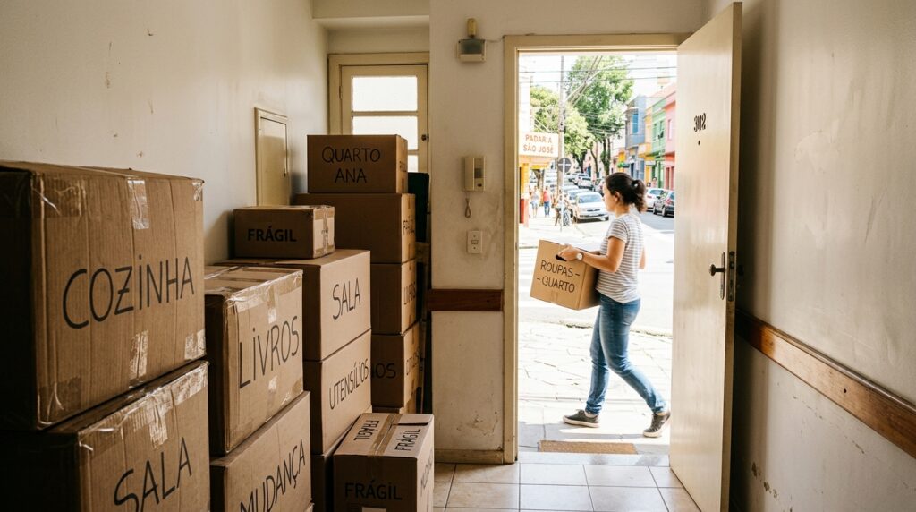 Uma mulher caminha em direção à porta aberta de um apartamento carregando uma caixa de papelão com a inscrição "ROUPAS - QUARTO". No corredor, há várias outras caixas empilhadas com etiquetas escritas à mão, como "COZINHA", "LIVROS", "SALA" e "FRÁGIL". Ao fundo, pela porta aberta, vê-se uma rua ensolarada com casas coloridas e carros estacionados.