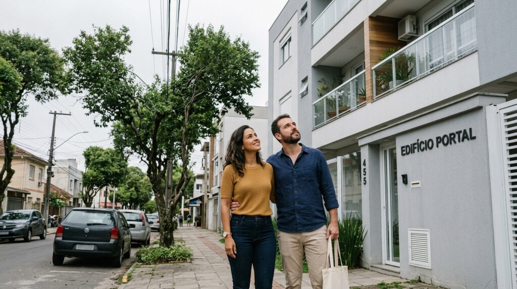 Um casal abraçado e sorridente parado em uma calçada, olhando para cima com admiração para um prédio de apartamentos moderno de fachada cinza chamado "EDIFÍCIO PORTAL". O ambiente é de um bairro residencial tranquilo com árvores e carros estacionados. A cena transmite uma sensação de esperança e conquista.