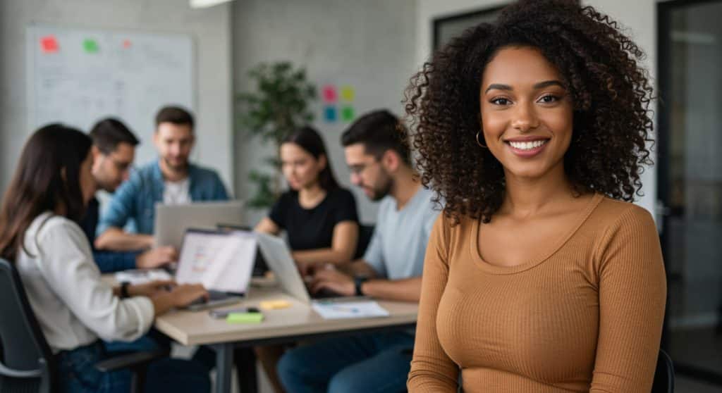 A imagem mostra uma jovem sorrindo em frente a uma mesa de trabalho em um ambiente de escritório moderno. Ao fundo, colegas de trabalho estão concentrados em suas atividades, criando um clima colaborativo e produtivo.