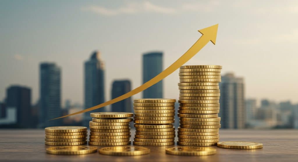 Imagem de quatro pilhas de moedas, aumentando, progressivamente de tamnho. Uma seta amarela acompanha esse crescimento e aponta para cima. Ao fundo, é possível ver prédios de uma cidade