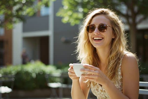 A imagem mostra uma mulher sorrindo enquanto segura uma xícara de café. Ela está usando óculos de sol e tem cabelos loiros e ondulados. O ambiente ao seu redor parece ser ao ar livre, com árvores e um fundo de prédios modernos. A luz do sol ilumina seu rosto, transmitindo uma sensação de relaxamento e prazer. Ela está em um banco, aproveitando um momento tranquilo em um ambiente urbano, possivelmente em uma área de lazer ou parque.