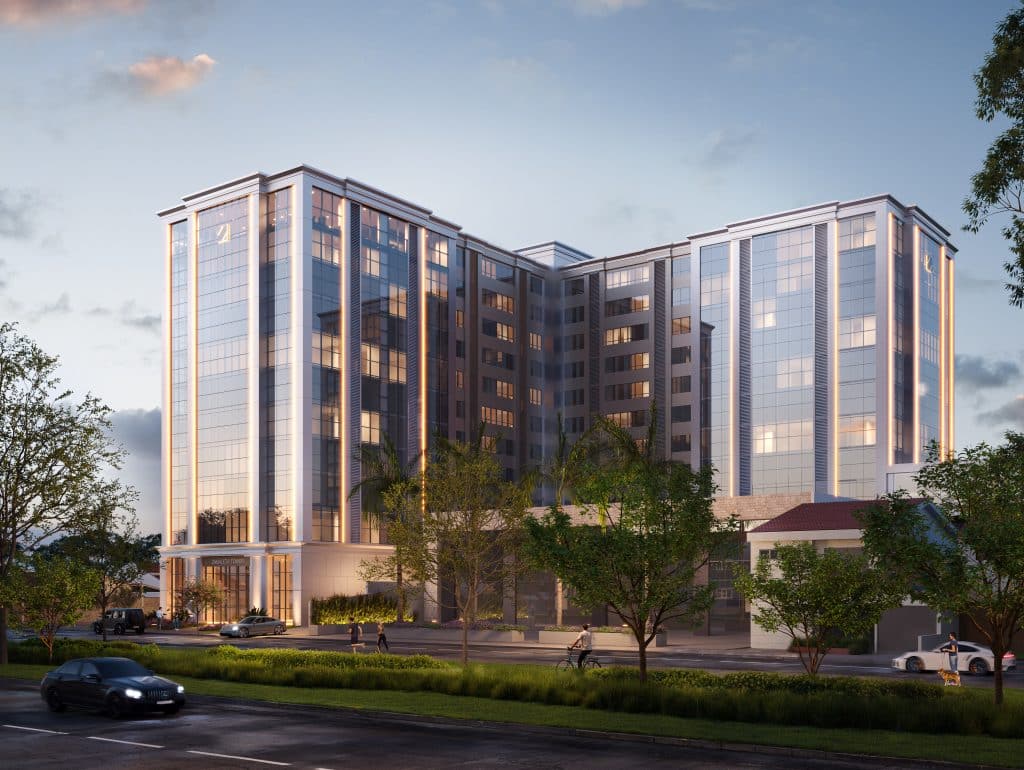 Render de um prédio de arquitetura moderna