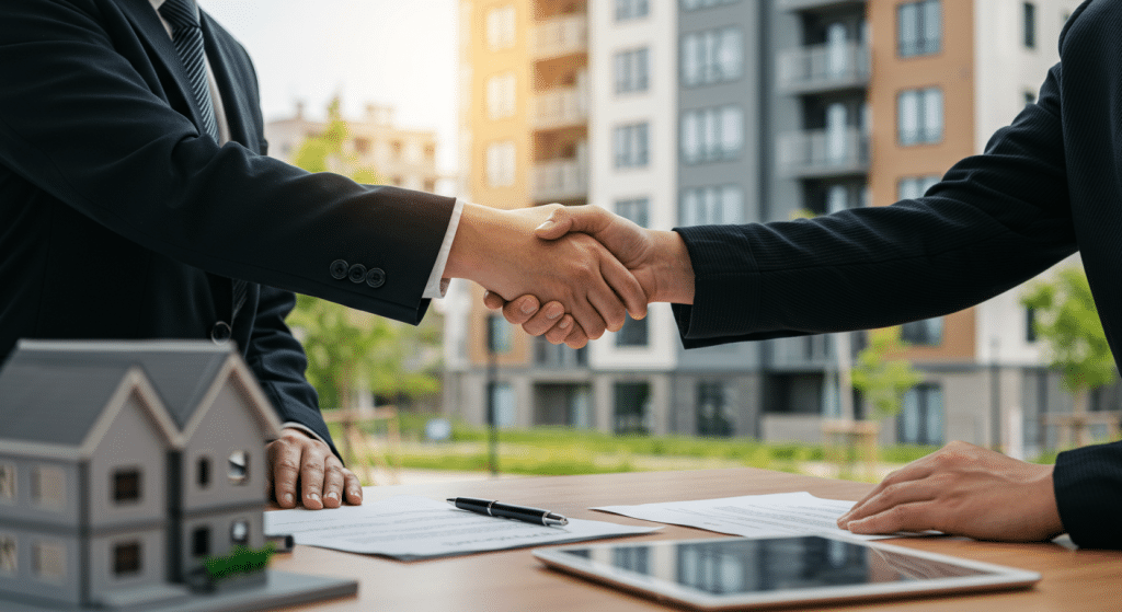 O ChatGPT disse: Aperto de mãos entre duas pessoas de terno em frente a um edifício residencial, simbolizando fechamento de negócio imobiliário.