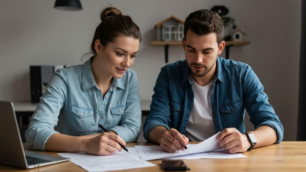 Casal sentado à mesa, analisando e escrevendo em papéis, com um laptop aberto ao lado. Eles vestem camisas jeans e estão em um ambiente iluminado e tranquilo.