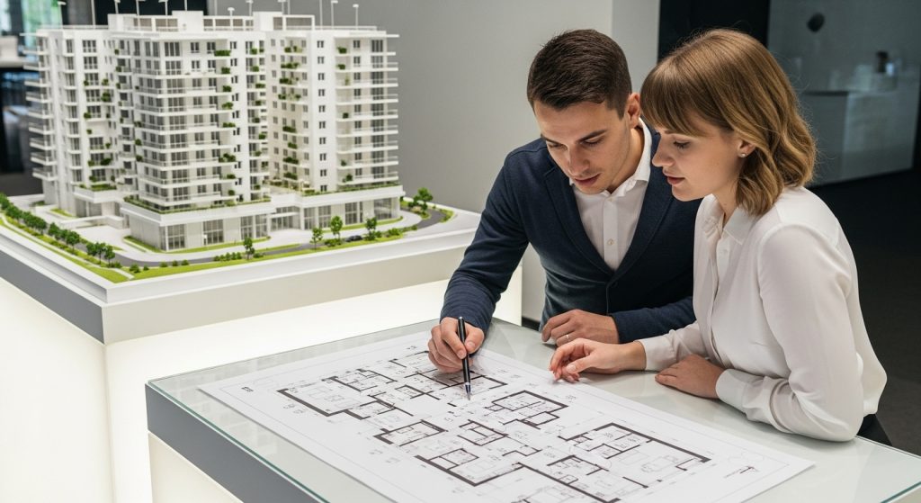 Homem e mulher analisam planta baixa sobre mesa, ao lado de maquete de edifício residencial moderno.