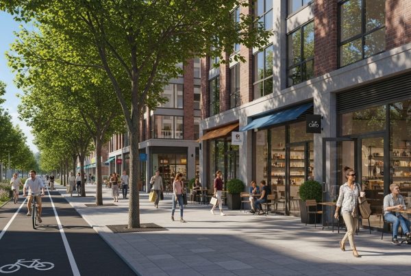 Pessoas caminham e pedalam em avenida arborizada com lojas, fachadas de vidro e mesas externas de cafés.