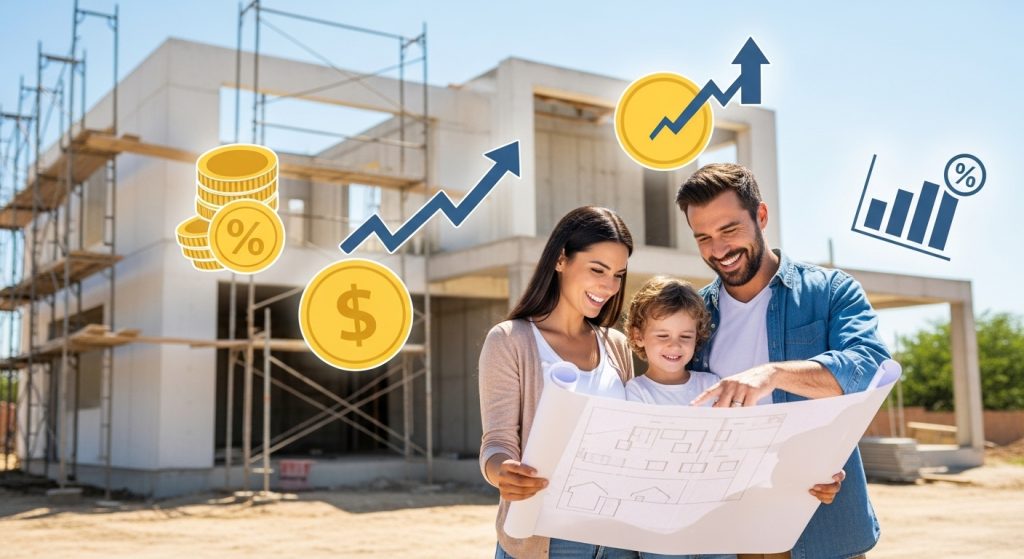 Família com planta de casa na mão em frente a obra com ícones de dinheiro, porcentagem e gráfico de crescimento.