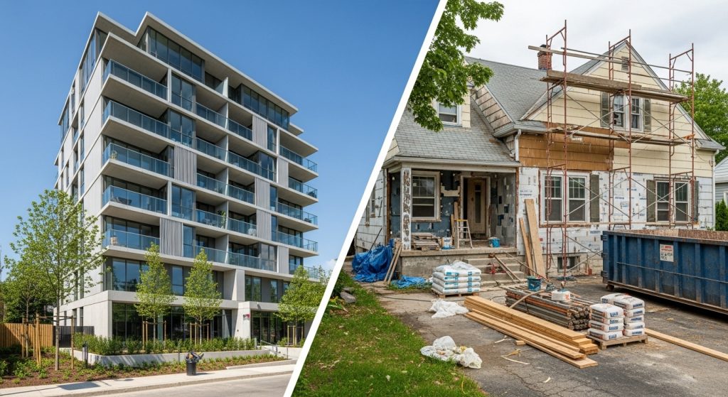 Comparação entre prédio moderno com sacadas de vidro e casa antiga em reforma com andaimes e materiais.