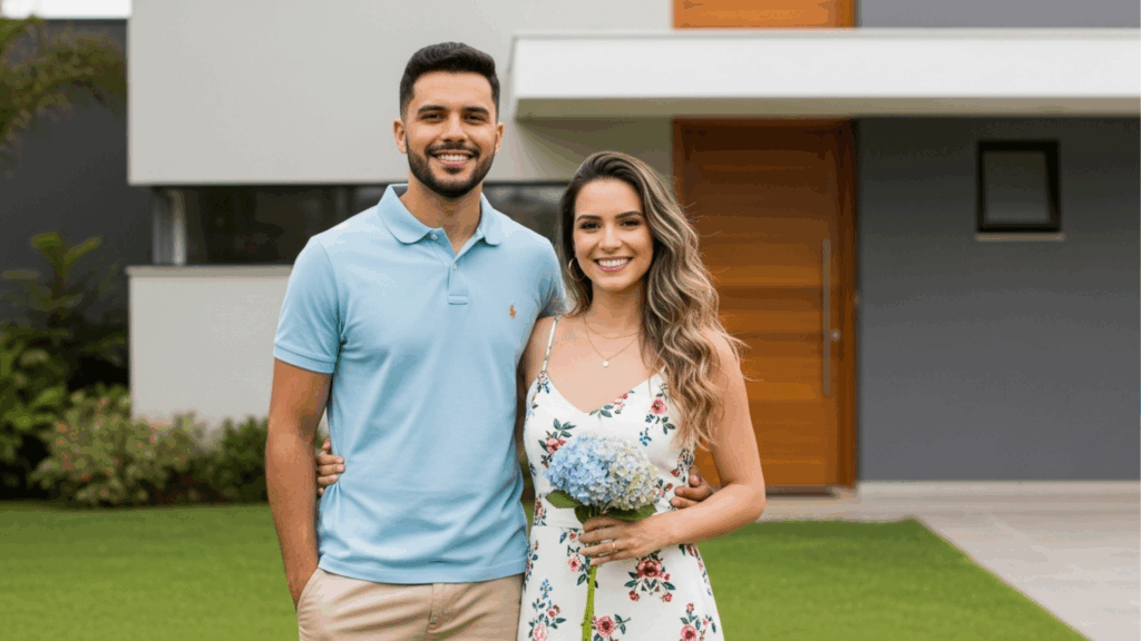 Casal sorridente em frente a uma casa moderna com jardim bem cuidado; o homem veste camisa polo azul clara e a mulher usa vestido floral e segura um buquê de hortênsias.