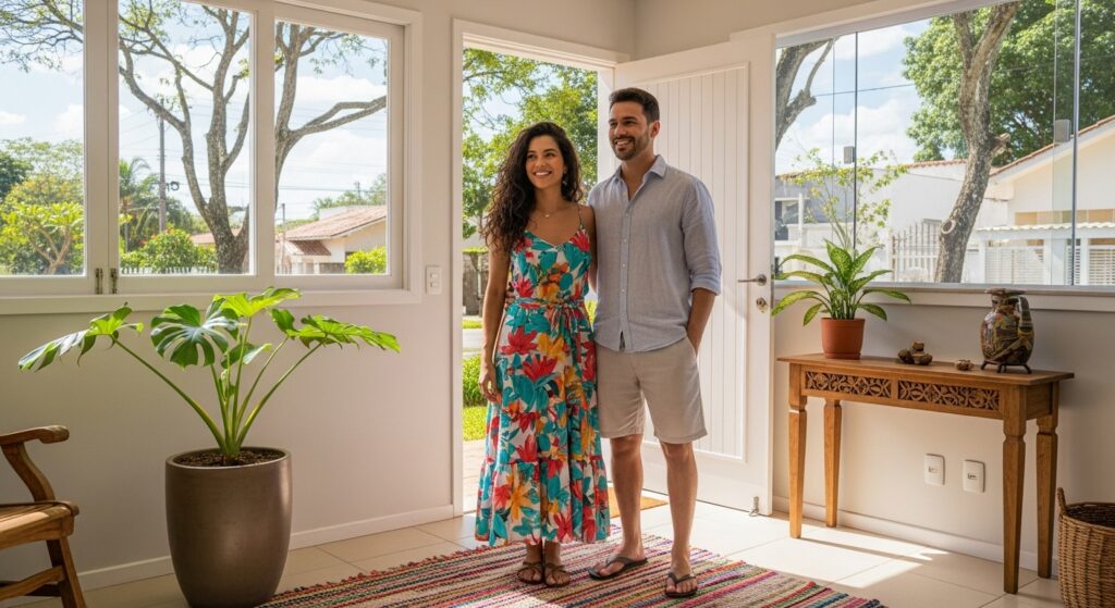 Casal sorridente em pé na entrada de uma casa iluminada, com decoração simples, plantas e vista para a rua através de janelas grandes.
