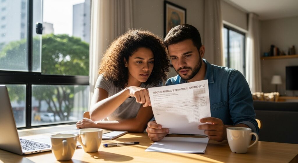 Casal sentado à mesa analisando boleto de “Imposto Predial e Territorial Urbano (IPTU)” em ambiente residencial com luz natural.