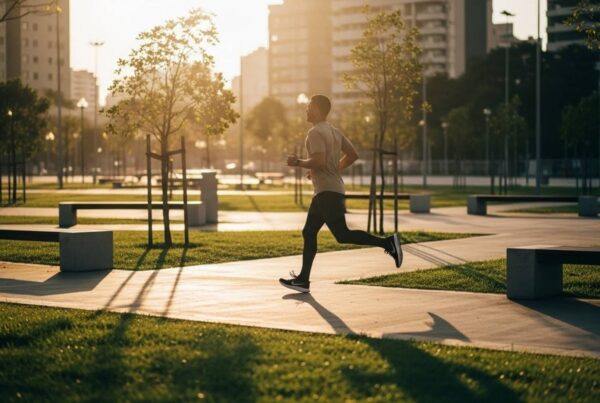 Homem correndo ao entardecer em parque com gramado, árvores jovens e bancos de concreto, cercado por prédios altos.