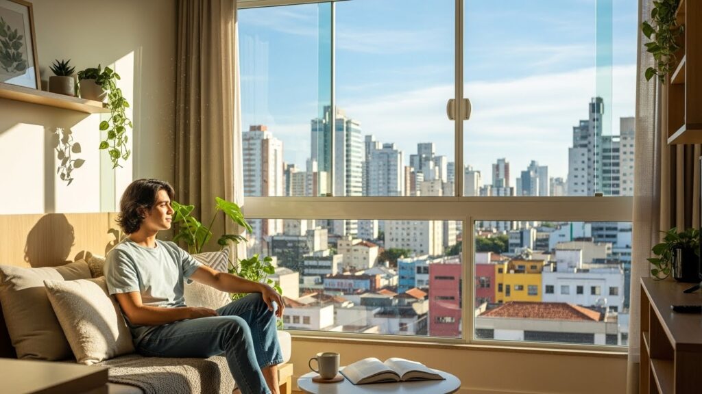 Homem sentado em sofá olhando pela janela ampla com vista para prédios da cidade, ao lado de uma mesa com livro aberto e caneca; ambiente iluminado pelo sol e decorado com plantas.