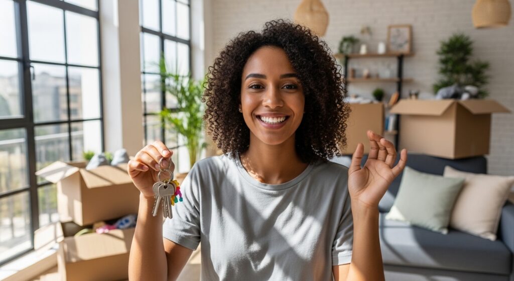 Mulher sorridente segurando chaves de casa nova em primeiro plano, com caixas de mudança e sala de estar ao fundo. Representação de aprovação de crédito imobiliário e conquista da casa própria.