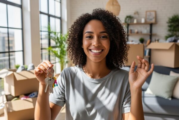 Mulher sorridente segurando chaves de casa nova em primeiro plano, com caixas de mudança e sala de estar ao fundo. Representação de aprovação de crédito imobiliário e conquista da casa própria.
