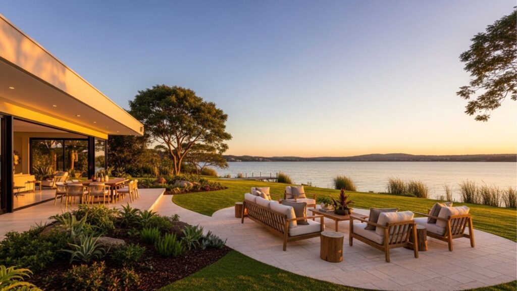 Área externa de imóvel de luxo à beira-mar com terraço moderno, móveis de madeira de alto padrão e jardim planejado. Vista panorâmica para o lago durante o pôr do sol com deck privativo.