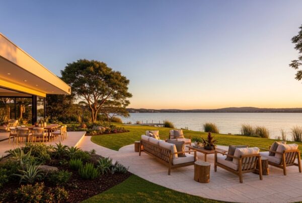 Área externa de imóvel de luxo à beira-mar com terraço moderno, móveis de madeira de alto padrão e jardim planejado. Vista panorâmica para o lago durante o pôr do sol com deck privativo.