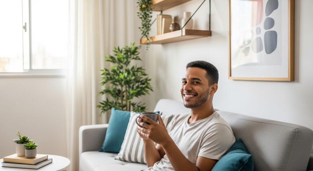 Homem jovem sorrindo sentado em um sofá cinza com almofadas azuis, segurando uma caneca em uma sala iluminada com plantas decorativas ao fundo.