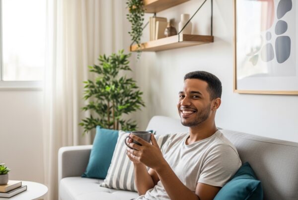 Homem jovem sorrindo sentado em um sofá cinza com almofadas azuis, segurando uma caneca em uma sala iluminada com plantas decorativas ao fundo.