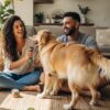 Casal jovem sentado no tapete da sala de estar de um apartamento, sorrindo enquanto brinca com um cachorro Golden Retriever. O ambiente é iluminado e espaçoso, ilustrando a convivência harmoniosa e feliz de cães de grande porte em espaços internos.