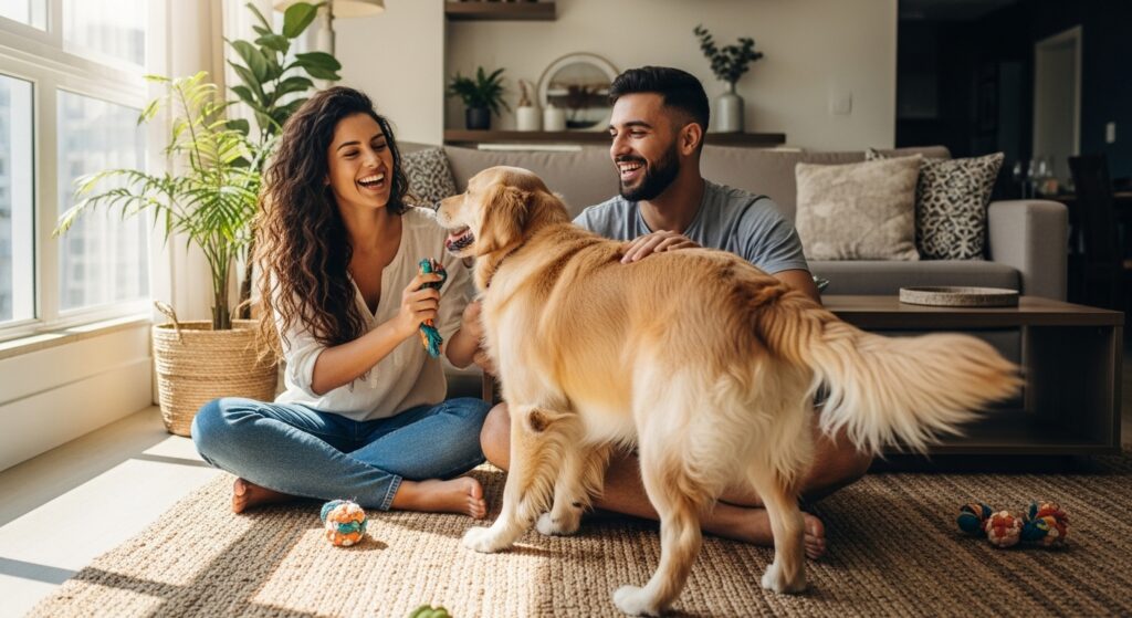 Casal jovem sentado no tapete da sala de estar de um apartamento, sorrindo enquanto brinca com um cachorro Golden Retriever. O ambiente é iluminado e espaçoso, ilustrando a convivência harmoniosa e feliz de cães de grande porte em espaços internos.