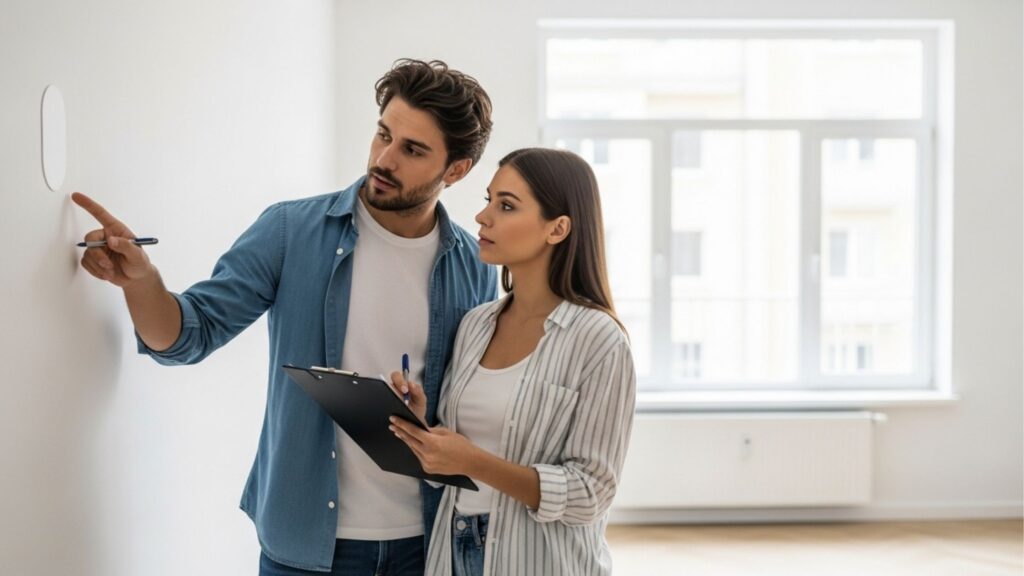 Casal jovem realizando a vistoria de um imóvel vazio antes da mudança. O homem aponta para um detalhe na parede branca, verificando a pintura e estrutura, enquanto a mulher anota as observações em uma prancheta de checklist.
