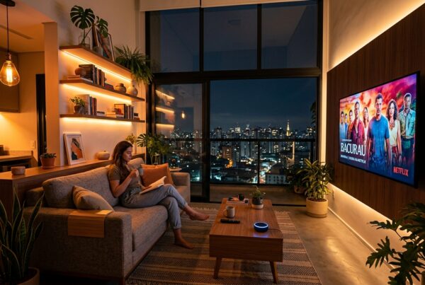 Uma mulher jovem e relaxada está sentada em um sofá cinza, lendo um livro e segurando uma xícara, em um apartamento de luxo à noite. A TV na parede oposta exibe o filme "BACURAU". A sala é aconchegante, com iluminação quente embutida nas prateleiras e atrás da TV. Uma grande janela do chão ao teto revela uma vista noturna panorâmica da cidade de São Paulo. Uma mesinha de centro tem um alto-falante inteligente ativado e várias plantas em vasos ao redor.