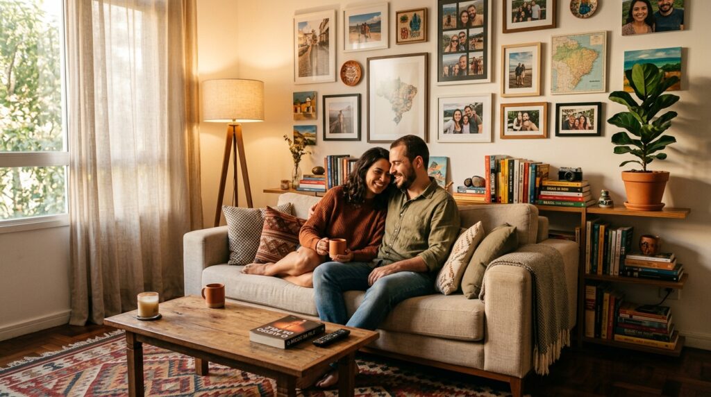 O casal está relaxando e sorrindo feliz, abraçados no sofá bege de sua sala de estar aconchegante. O homem tem o braço ao redor da mulher, que segura uma caneca. Atrás deles, na parede, há uma galeria de fotos de família e arte. Uma luminária de chão de tripé está acesa, criando um brilho quente. Uma mesinha de centro de madeira tem um livro, "O LIVRO DE LÍNGUAS", e uma caneca. Uma grande planta Fiddle Leaf Fig está à direita.