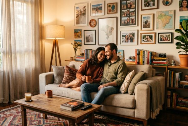 O casal está relaxando e sorrindo feliz, abraçados no sofá bege de sua sala de estar aconchegante. O homem tem o braço ao redor da mulher, que segura uma caneca. Atrás deles, na parede, há uma galeria de fotos de família e arte. Uma luminária de chão de tripé está acesa, criando um brilho quente. Uma mesinha de centro de madeira tem um livro, "O LIVRO DE LÍNGUAS", e uma caneca. Uma grande planta Fiddle Leaf Fig está à direita.