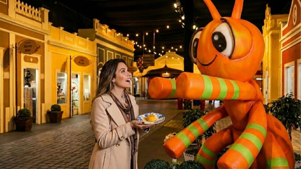 Uma mulher sorridente, vestindo um casaco de inverno bege e cachecol, interage alegremente com a estátua de uma formiga gigante, laranja com listras verdes. Ela segura um pequeno prato com um doce amarelo, parecido com um quindim. O cenário ao fundo é um ambiente fechado decorado como uma vila antiga, com fachadas de casinhas coloridas em amarelo e vermelho e iluminação quente de cordões de luzes no teto.